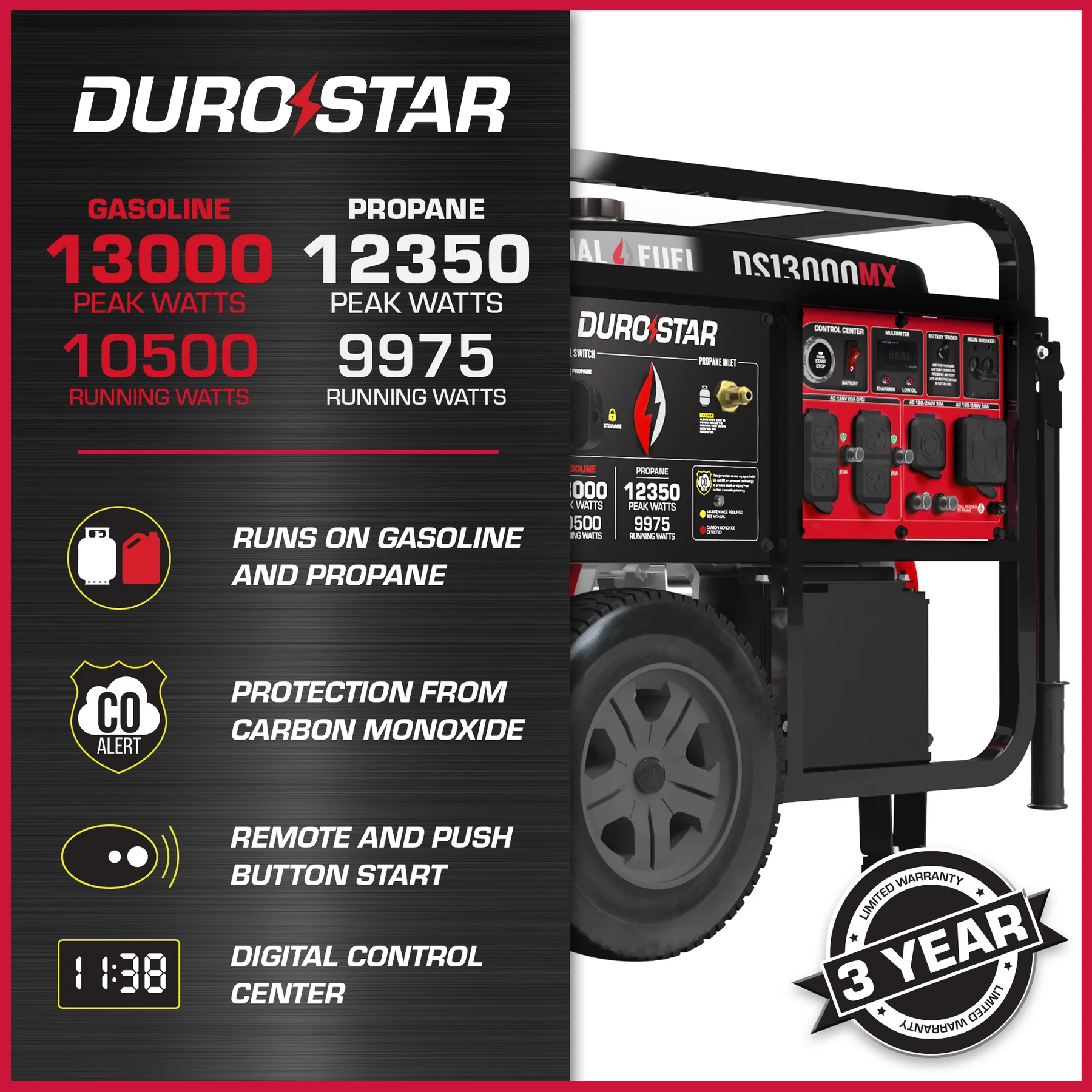 DuroStar DS13000MX 13,000 Watt Dual Fuel Portable Generator w/ CO Alert - Recon - Image 2