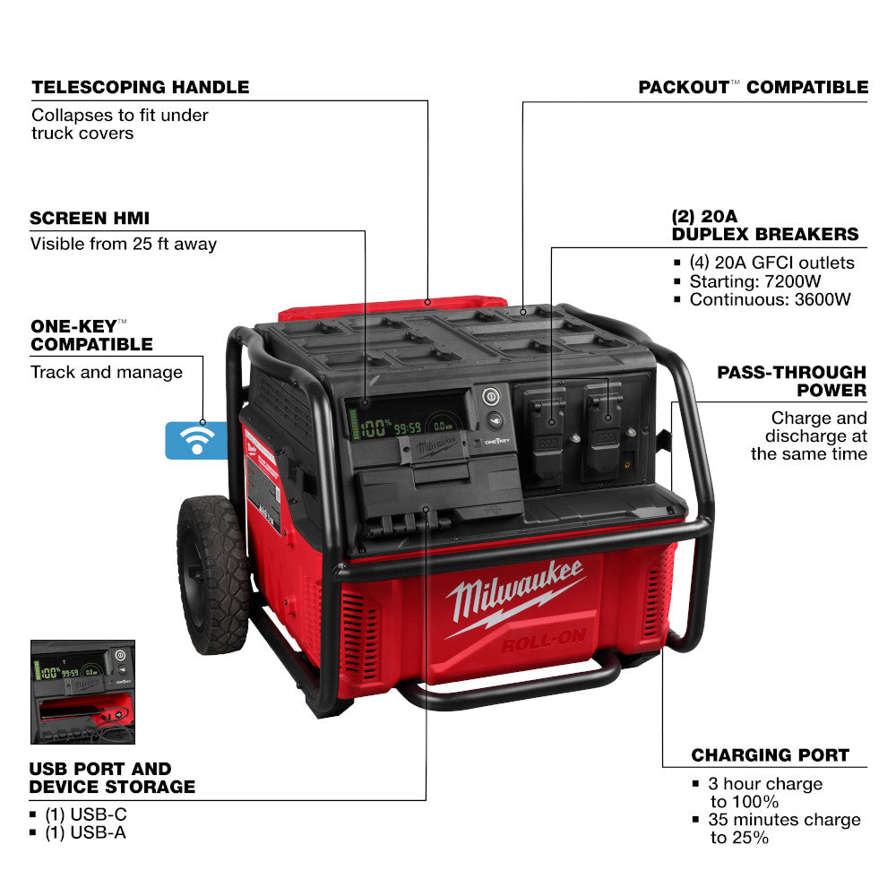 Milwaukee 3300R ROLL-ON PACKOUT 7200W/3600W 2.5kWh Battery Station Power Supply - Image 8